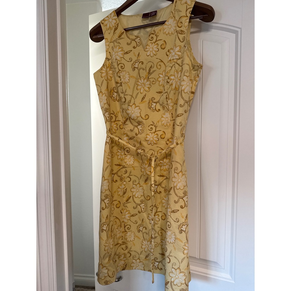 Merona Yellow Floral Sleeveless Sheath Dress Split Neck Tie Waist Size 6
